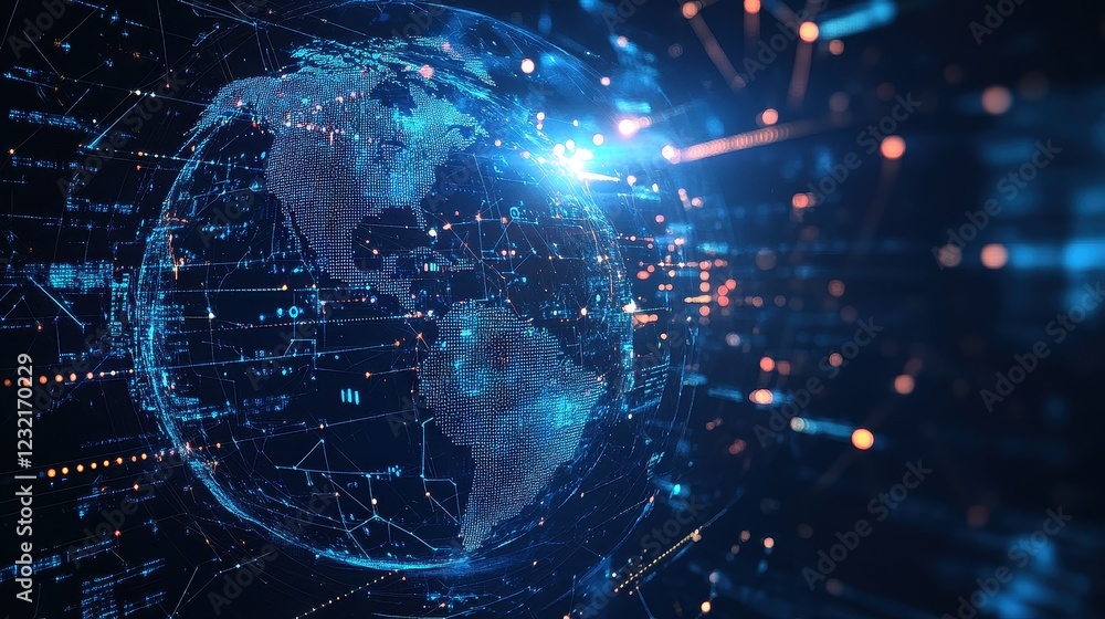 Obraz premium A glowing digital globe with interconnected trade routes, futuristic holographic lines, and AI-driven data analytics, set against a dark blue cyberspace background. 