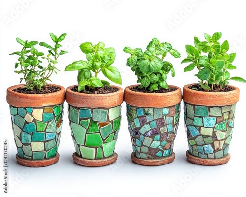 Artistic Herb Garden Decor Decorative Mosaic Tile Pots with Perfectly Spaced Fresh Green Herbs, showcasing a natural and aesthetically pleasing arrangement These uniquely crafted terracotta pots photo