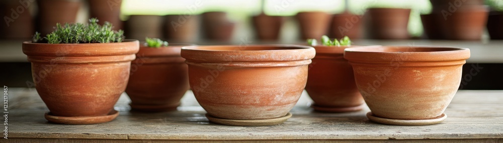 Cozy Rustic Ambiance Earthy Palette Decorative Clay Pots on Tiled Flooring Create a Natural Texture and Organized Home Decor with These Beautiful Terracotta Planters Perfect for Indoor Plants
