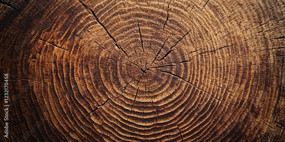 Naklejka premium Worn oak wood texture with deep brown tones and visible age rings. The weathered surface gives the wood an antique look, ideal for vintage or farmhouse designs.