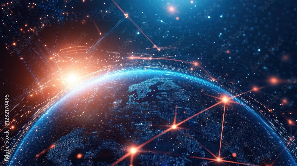 Obraz premium A glowing digital globe with interconnected trade routes, futuristic holographic lines, and AI-driven data analytics, set against a dark blue cyberspace background. 