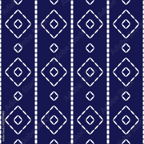 Sashiko Japanese stitch embroidery ethnic abstract artwork seamless geometric pattern printed background fabric wallpaper hand drawn line indigo white template
