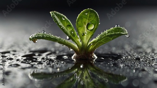 Close-Up of Droplet on Sprout with Textured Surface and Light Reflection photo