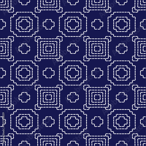 Sashiko Japanese stitch embroidery ethnic abstract artwork seamless geometric pattern printed background fabric wallpaper hand drawn line indigo white template
