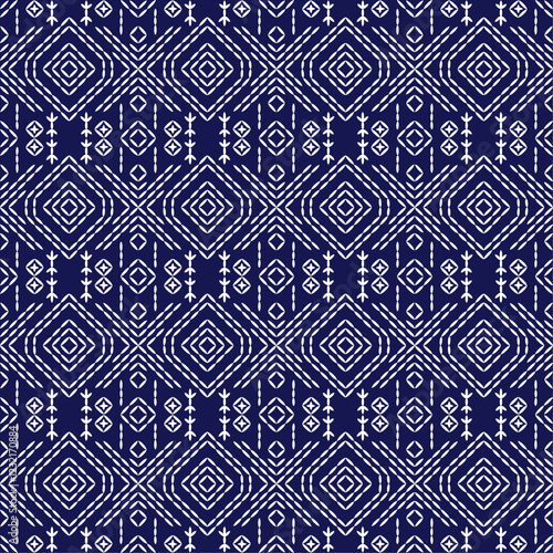 Sashiko Japanese stitch embroidery ethnic abstract artwork seamless geometric pattern printed background fabric wallpaper hand drawn line indigo white template
