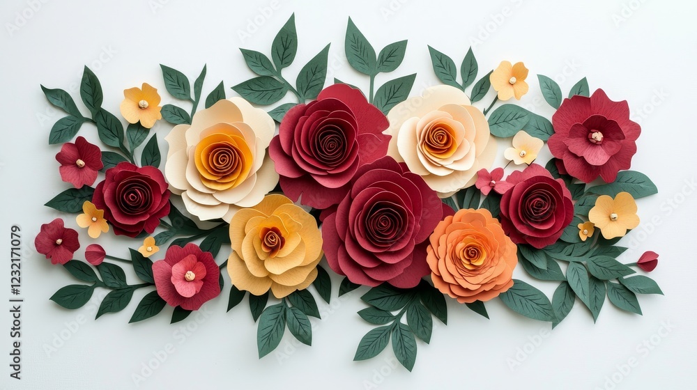 Artistic cut-out of assorted roses in deep red, coral, and yellow hues with contrasting green leaves, isolated on a bright white backdrop Artistic cut-out of assorted roses in deep red, coral, and yellow hues with contrasting green leaves, isolated on a bright white backdrop