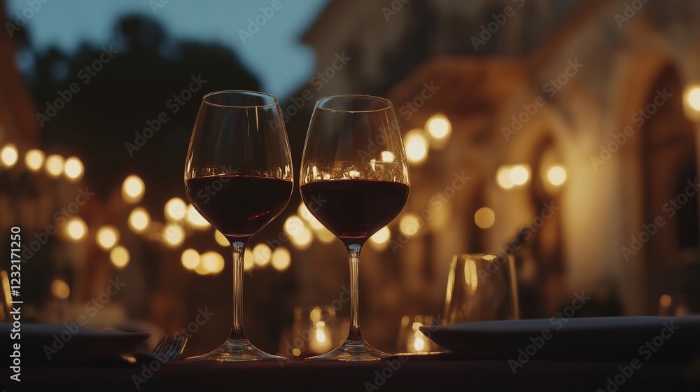 Intimate Wine Glasses at Evening Event with Warm Lighting Intimate Wine Glasses at Evening Event with Warm Lighting