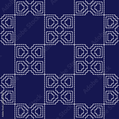 Sashiko Japanese stitch embroidery ethnic abstract artwork seamless geometric pattern printed background fabric wallpaper hand drawn line indigo white template
