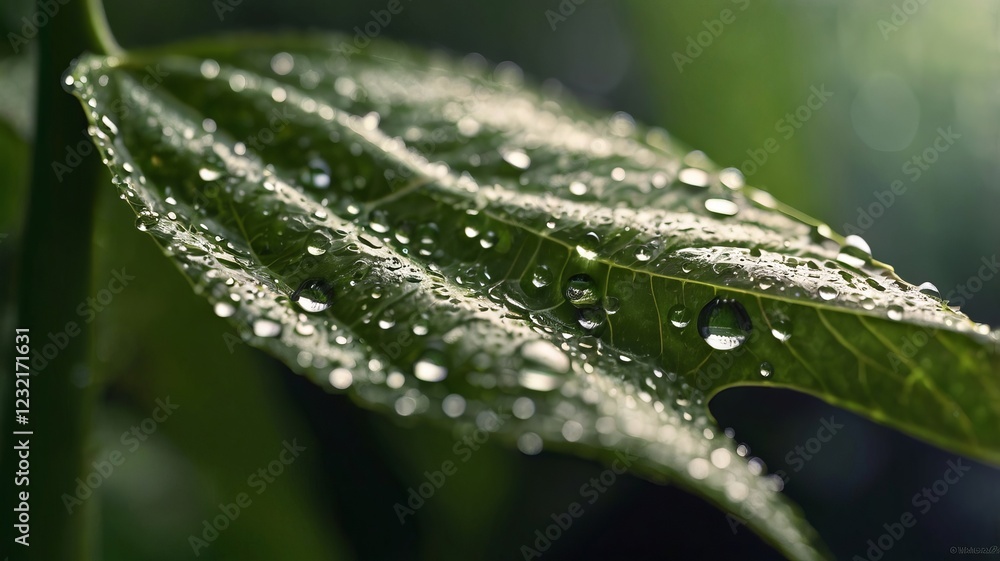 Close-Up of Dew Droplets on Leaf with Light Refraction – Detailed Natural Texture Close-Up of Dew Droplets on Leaf with Light Refraction – Detailed Natural Texture