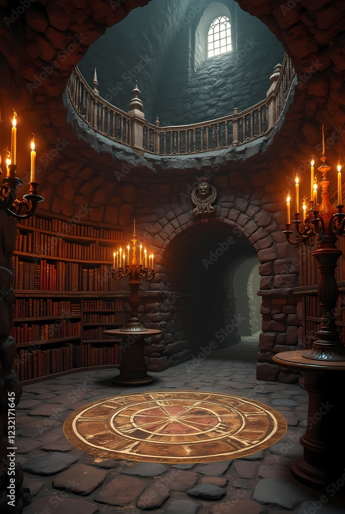 Obraz premium A secret library in the castle's dungeon, where candles burn on massive candelabra. And a magic circle is painted on the floor