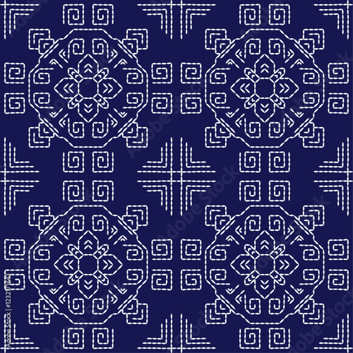 Sashiko Japanese stitch embroidery ethnic abstract artwork seamless geometric pattern printed background fabric wallpaper hand drawn line indigo white template
