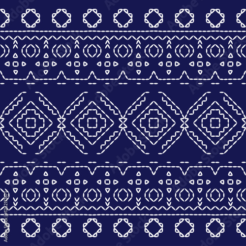 Sashiko Japanese stitch embroidery ethnic abstract artwork seamless geometric pattern printed background fabric wallpaper hand drawn line indigo white template
