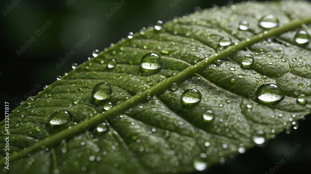 Fototapeta premium Close-Up of Dew Droplets on Leaf with Light Refraction – Detailed Natural Texture