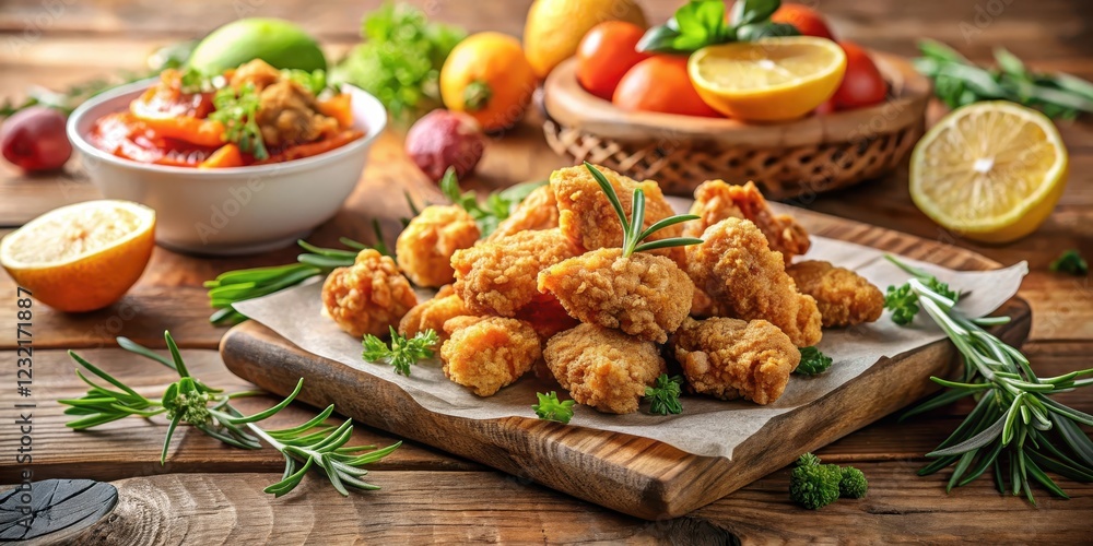 Crispy fried popcorn chicken pieces scattered on a wooden table surrounded by fresh herbs and citrus fruits, restaurant, food Crispy fried popcorn chicken pieces scattered on a wooden table surrounded by fresh herbs and citrus fruits, restaurant, food