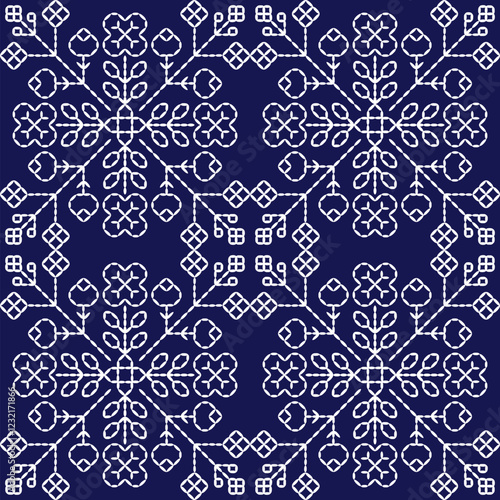 Sashiko Japanese stitch embroidery ethnic abstract artwork seamless geometric pattern printed background fabric wallpaper hand drawn line indigo white template
