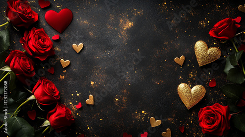valentine's day background red roses and golden hearts, copy space