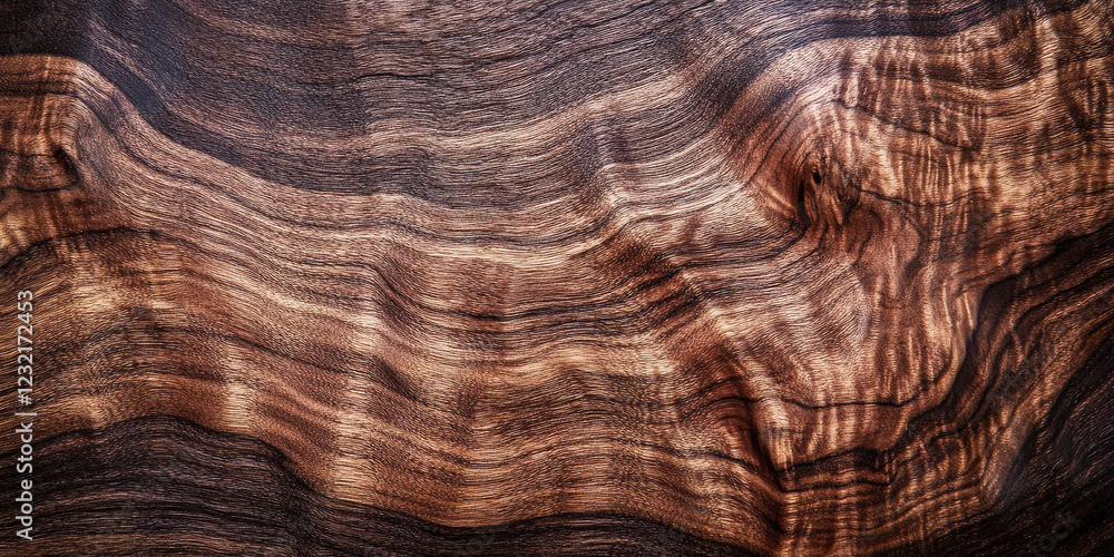 Naklejka premium Rich walnut wood texture with dark chocolate tones and smooth grain patterns. The elegant finish makes it ideal for high-end furniture or sophisticated wooden surfaces.