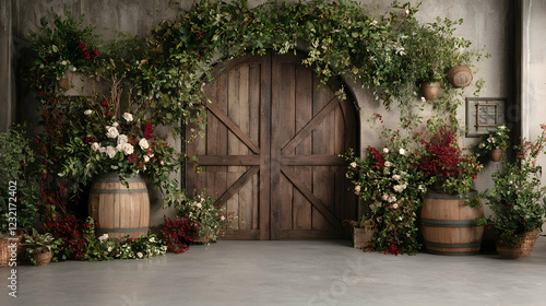 Obraz na płótnie Rustic wooden door, floral arch, barrels, studio w salonie