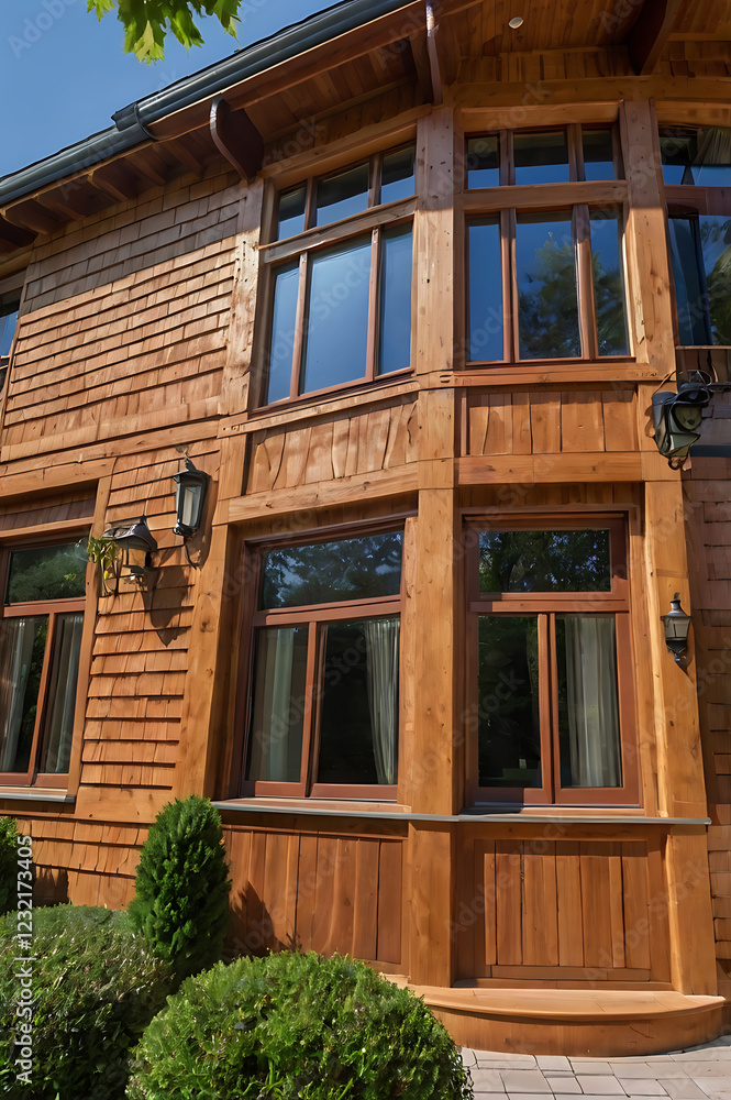 Magnificent Wooden House Exterior: A Showcase of Architectural Design and Craftsmanship. The image highlights the beautiful wooden facade, large windows, and landscaping. Magnificent Wooden House Exterior: A Showcase of Architectural Design and Craftsmanship. The image highlights the beautiful wooden facade, large windows, and landscaping.