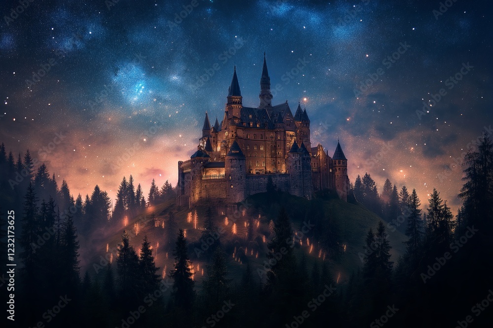 Fototapeta premium A medieval castle on a hill, surrounded by a glowing enchanted forest, with a starry night sky above,