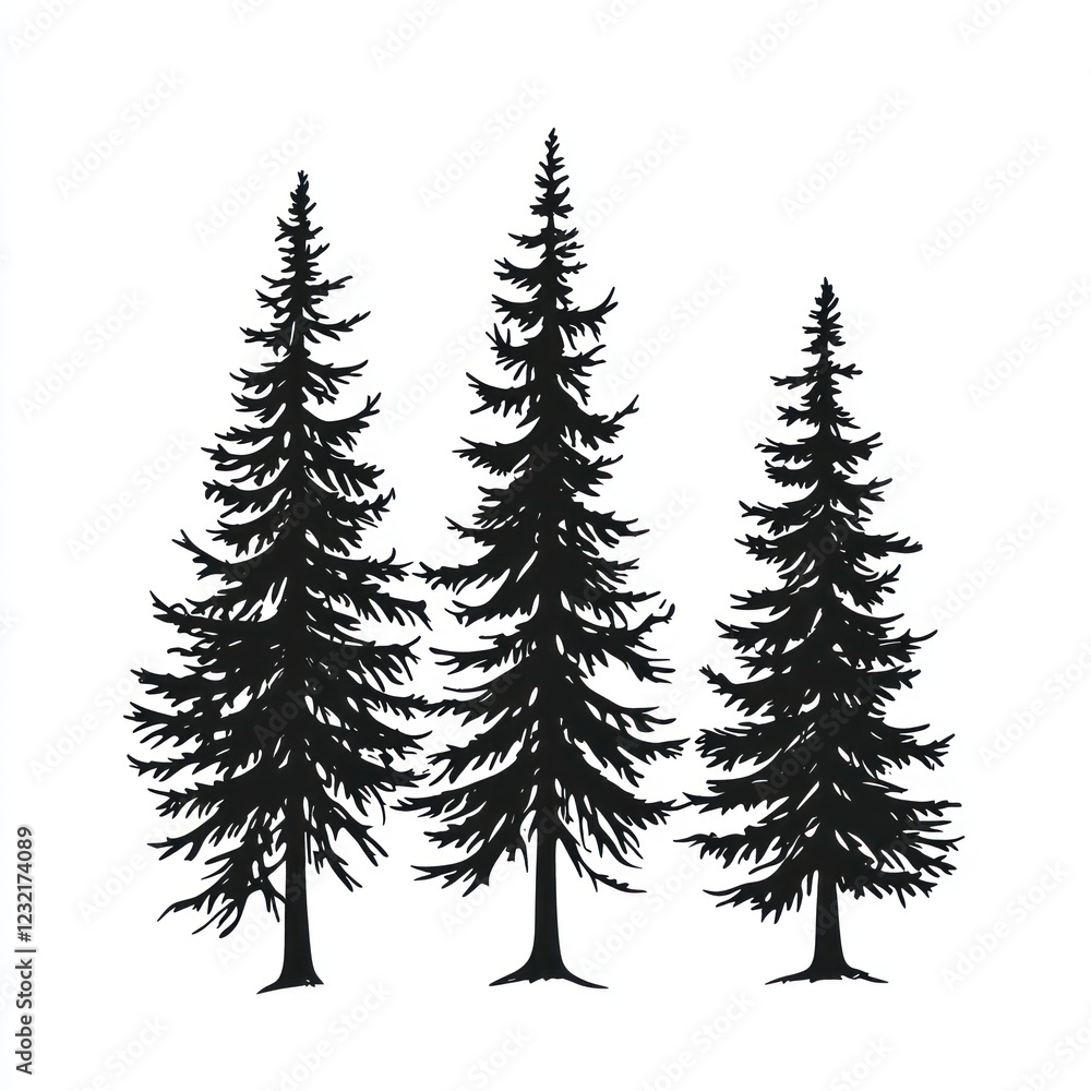 Three Silhouettes Of Evergreen Trees On White Background Three Silhouettes Of Evergreen Trees On White Background