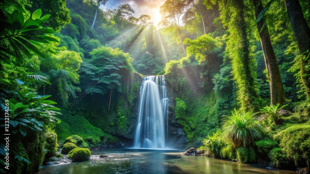waterfall in dense jungle foliage, surrounded by lush greenery and tall trees, with sunlight filtering through the leaves waterfall in dense jungle foliage, surrounded by lush greenery and tall trees, with sunlight filtering through the leaves