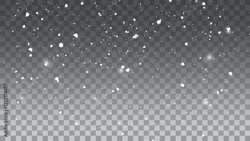 Vector snowstorm overlay pattern for winter. Snow landscape with falling snowflakes isolated on transparent background. Snowfall winter sky. 