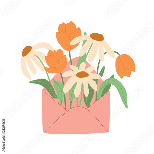 Vector Easter envelope with spring flowers illustration collection. Modern hand drawn tulips and camomile clip art set for books, stationery, banners and social media