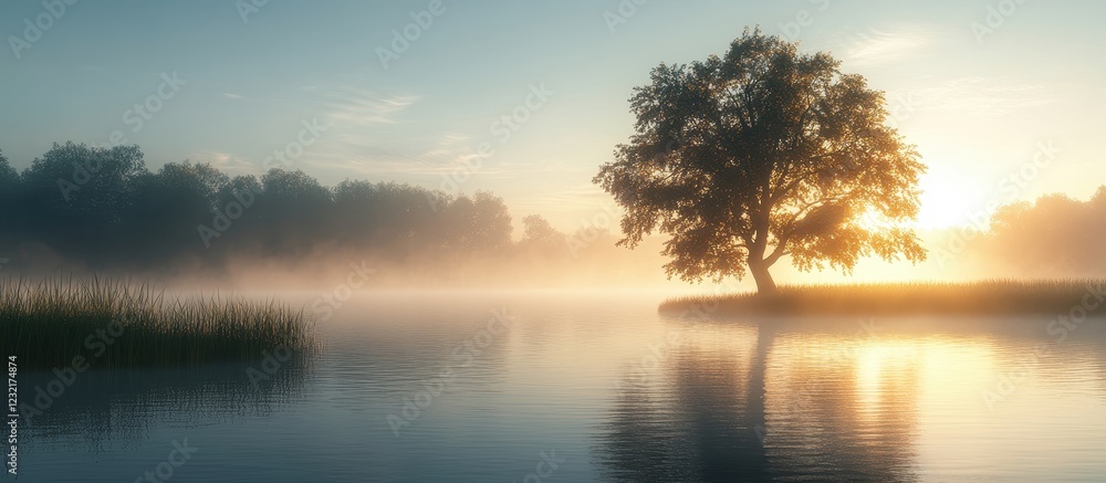 Serene Sunrise Over Misty Lake with Lone Tree and Gentle Reflections in Tranquil Natural Landscape Serene Sunrise Over Misty Lake with Lone Tree and Gentle Reflections in Tranquil Natural Landscape