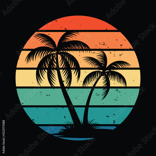 Tropical Palm Tree Silhouette with Vintage Sunset Gradient Background