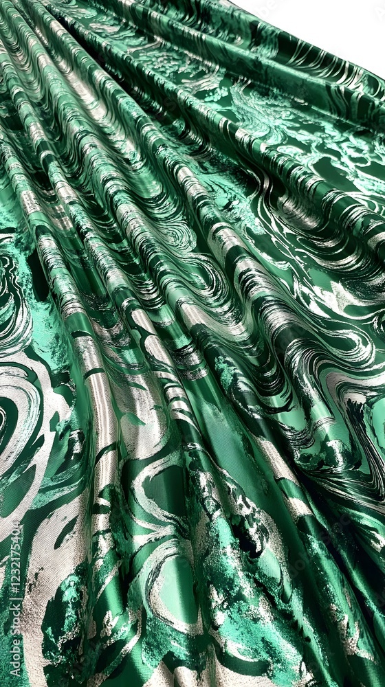 Fototapeta premium Emerald Marble Velvet Fabric: Luxurious emerald green velvet fabric with a swirling silver marble pattern, showcasing rich texture and elegant drape. Perfect for fashion, interiors.