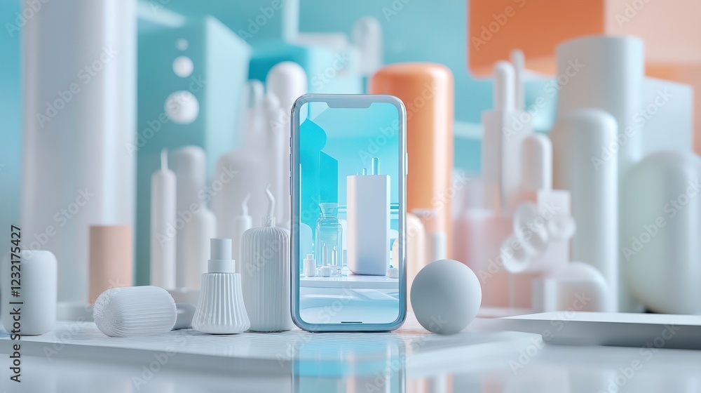 Modern Minimalist Smartphone Displaying Abstract Cityscape on a White Background Modern Minimalist Smartphone Displaying Abstract Cityscape on a White Background