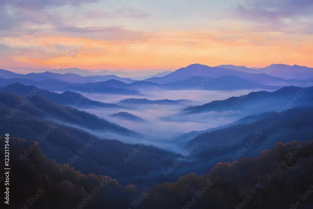 misty mountain peaks at dawn, painted in warm oranges and cool purples, low clouds drifting through valleys below misty mountain peaks at dawn, painted in warm oranges and cool purples, low clouds drifting through valleys below
