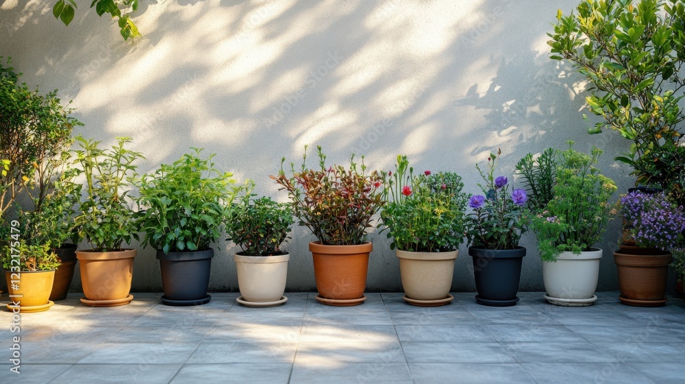 Serene Symmetrical Small Garden Pots on Tiled Patio A Clean and Natural Tone Outdoor Decor Setup Discover the peaceful ambiance created by this perfectly arranged collection of terracotta and black Serene Symmetrical Small Garden Pots on Tiled Patio A Clean and Natural Tone Outdoor Decor Setup Discover the peaceful ambiance created by this perfectly arranged collection of terracotta and black
