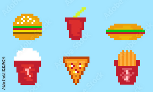 Pixel art icon of fast food items, including burgers, fries, pizza, and drinks, set against a light blue background.