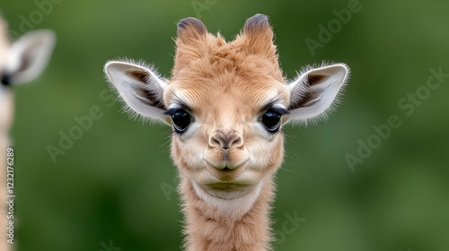 Baby giraffe portrait, zoo, green background, wildlife photo