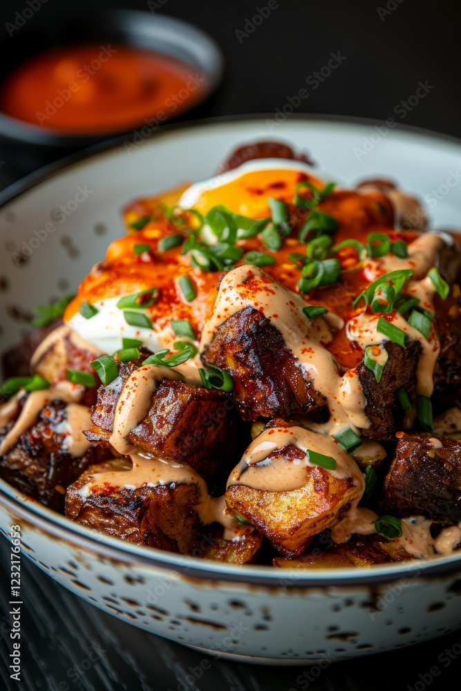 Patatas Bravas (Spanish Fried Potatoes): Crispy fried potato cubes, wedges, topped with a rich, smoky red brava sauce and creamy aioli, served on a white plate with a sprinkle of paprika. Patatas Bravas (Spanish Fried Potatoes): Crispy fried potato cubes, wedges, topped with a rich, smoky red brava sauce and creamy aioli, served on a white plate with a sprinkle of paprika.