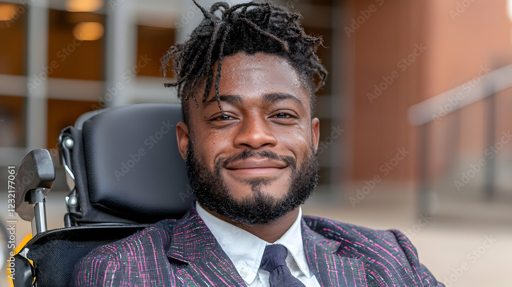 Smiling man in wheelchair outdoors, city background; diversity, inclusion