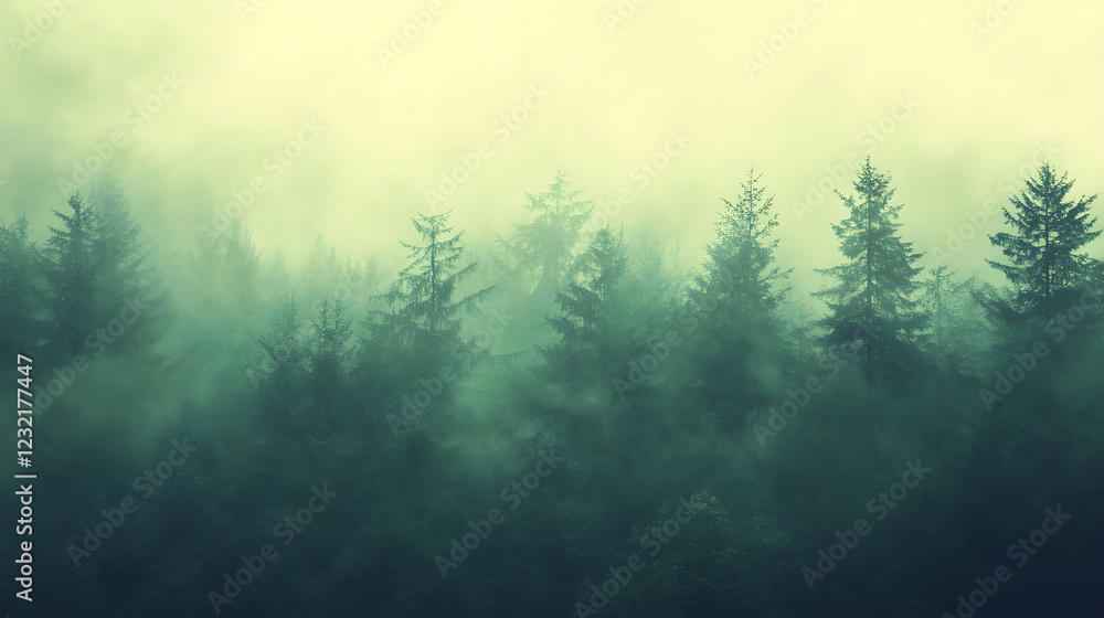 Naklejka premium Misty forest view with soft green hues.
