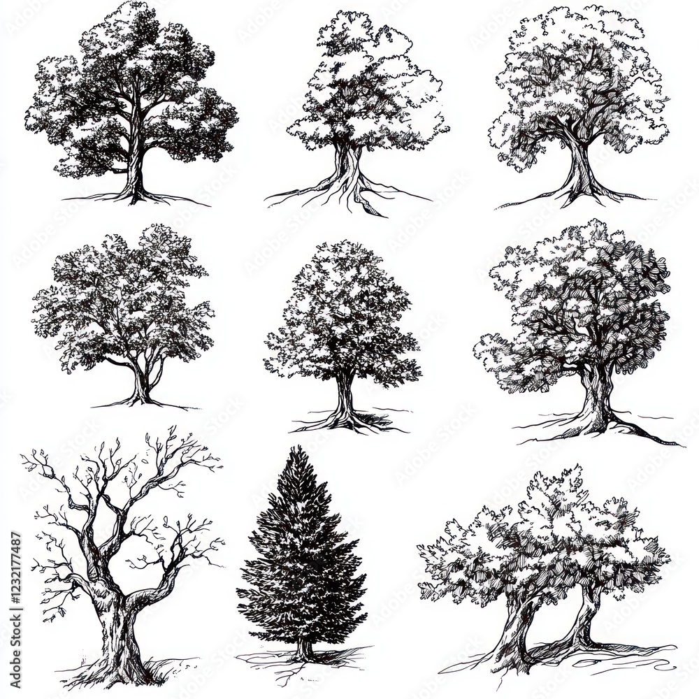 Fototapeta premium Nine Detailed Ink Drawings of Various Tree Types