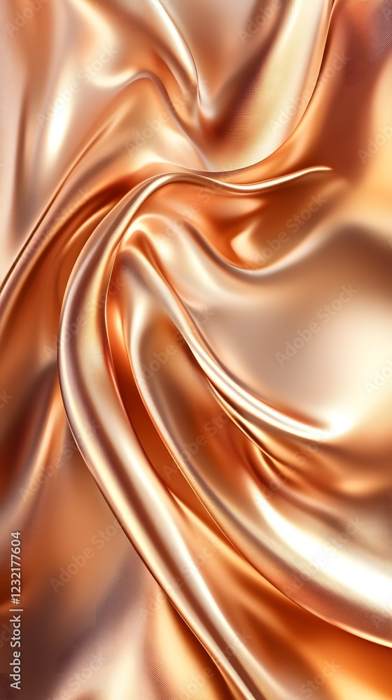 Fototapeta premium Rose Gold Drape: Luxurious rose gold fabric elegantly drapes and swirls, creating a captivating abstract image with rich textures and shimmering highlights.