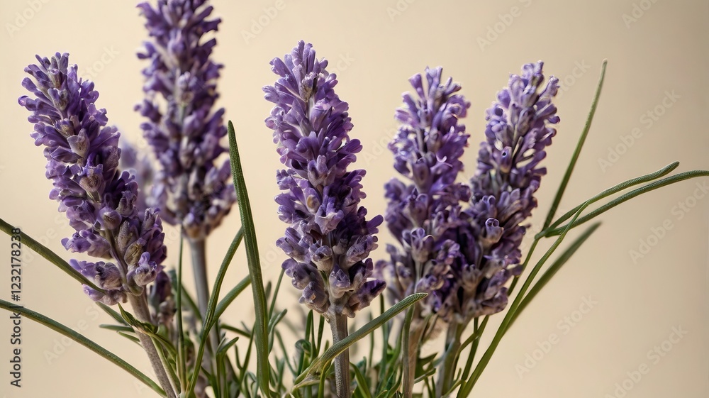 Obraz premium Soft Arrangement of Blooming Lavender on Cream Background – Serene Floral Display