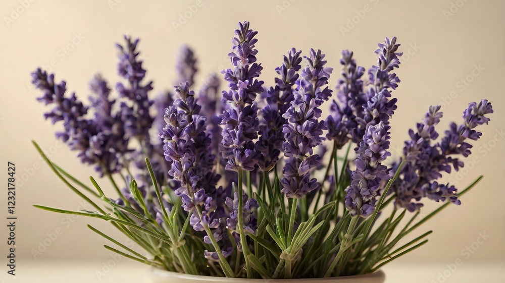 Fototapeta premium Soft Arrangement of Blooming Lavender on Cream Background – Serene Floral Display