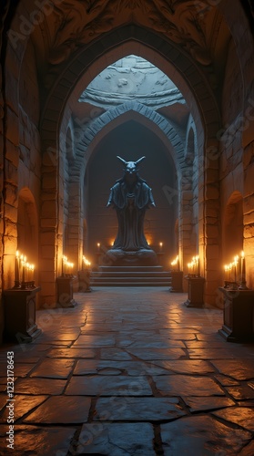 Wallpaper Mural Statue of a demon in the Underground Hall with Gothic arches, where candles are installed in niches Torontodigital.ca