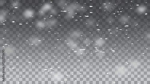 Winter snowfall effect of falling white snow flakes and shining, New Year snowstorm or blizzard realistic backdrop. 