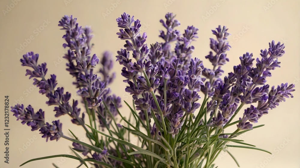 Fototapeta premium Soft Arrangement of Blooming Lavender on Cream Background – Serene Floral Display