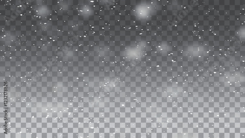 Winter snowfall effect of falling white snow flakes and shining, New Year snowstorm or blizzard realistic backdrop. 