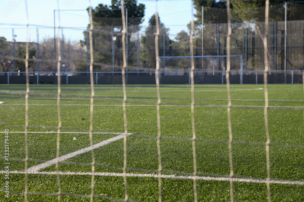 Fototapeta premium Corner of a soccer field where you can see the goal and the white lines of play on the green grass