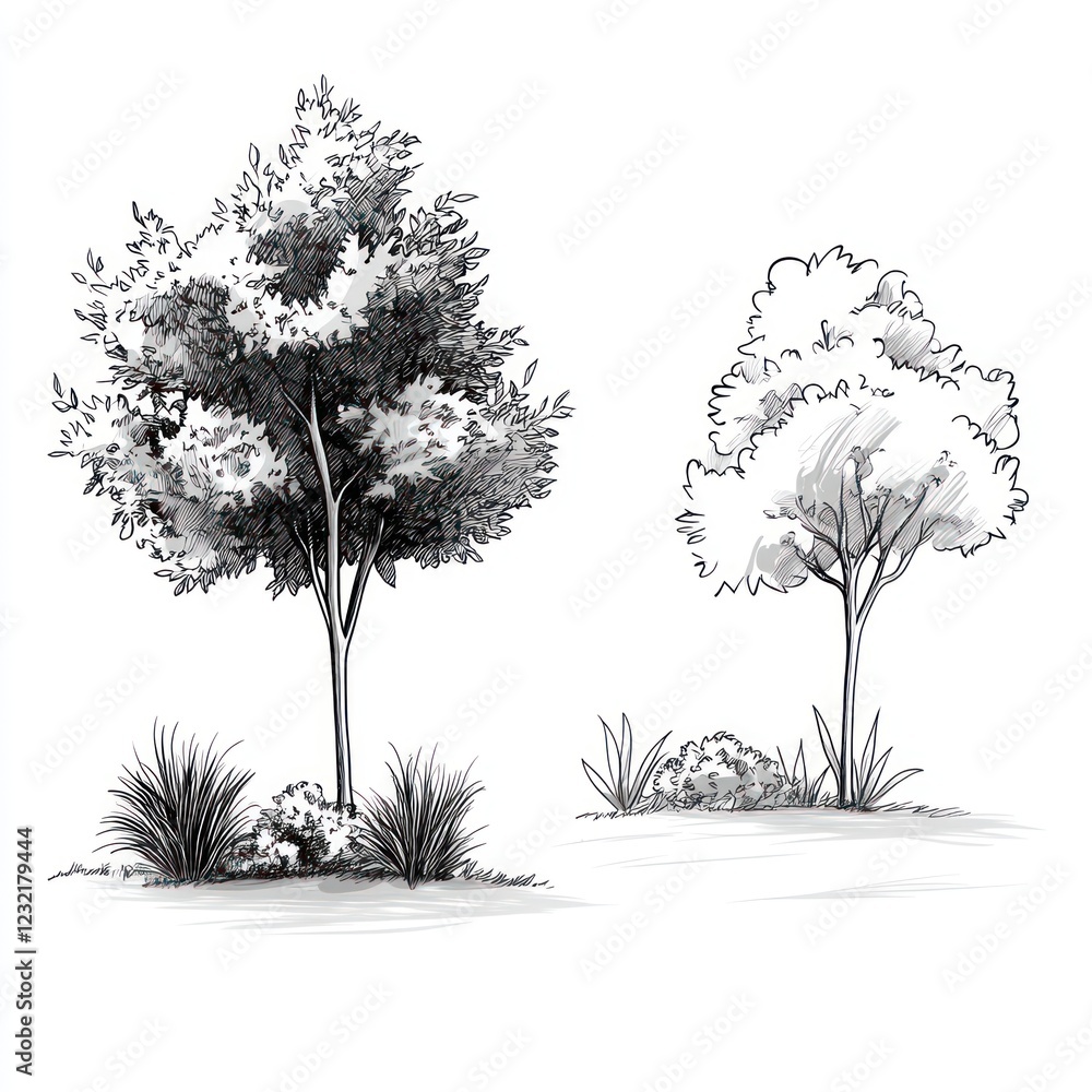Fototapeta premium Hand Drawn Sketch Of Two Trees And Shrubs