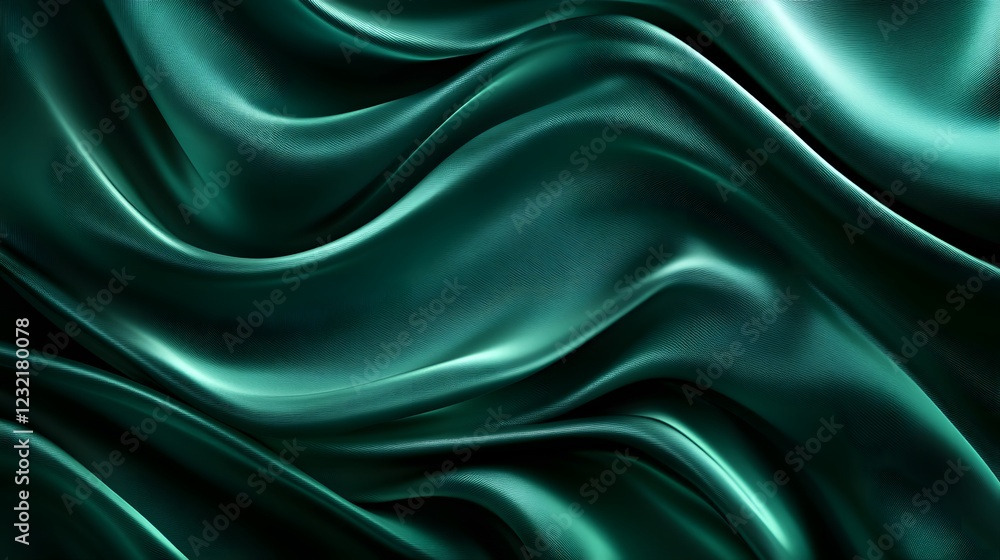 Obraz premium Emerald Silk Waves: A captivating abstract image of emerald green silk fabric swirling in a symphony of soft, undulating waves, evoking elegance and a sense of luxurious fluidity.